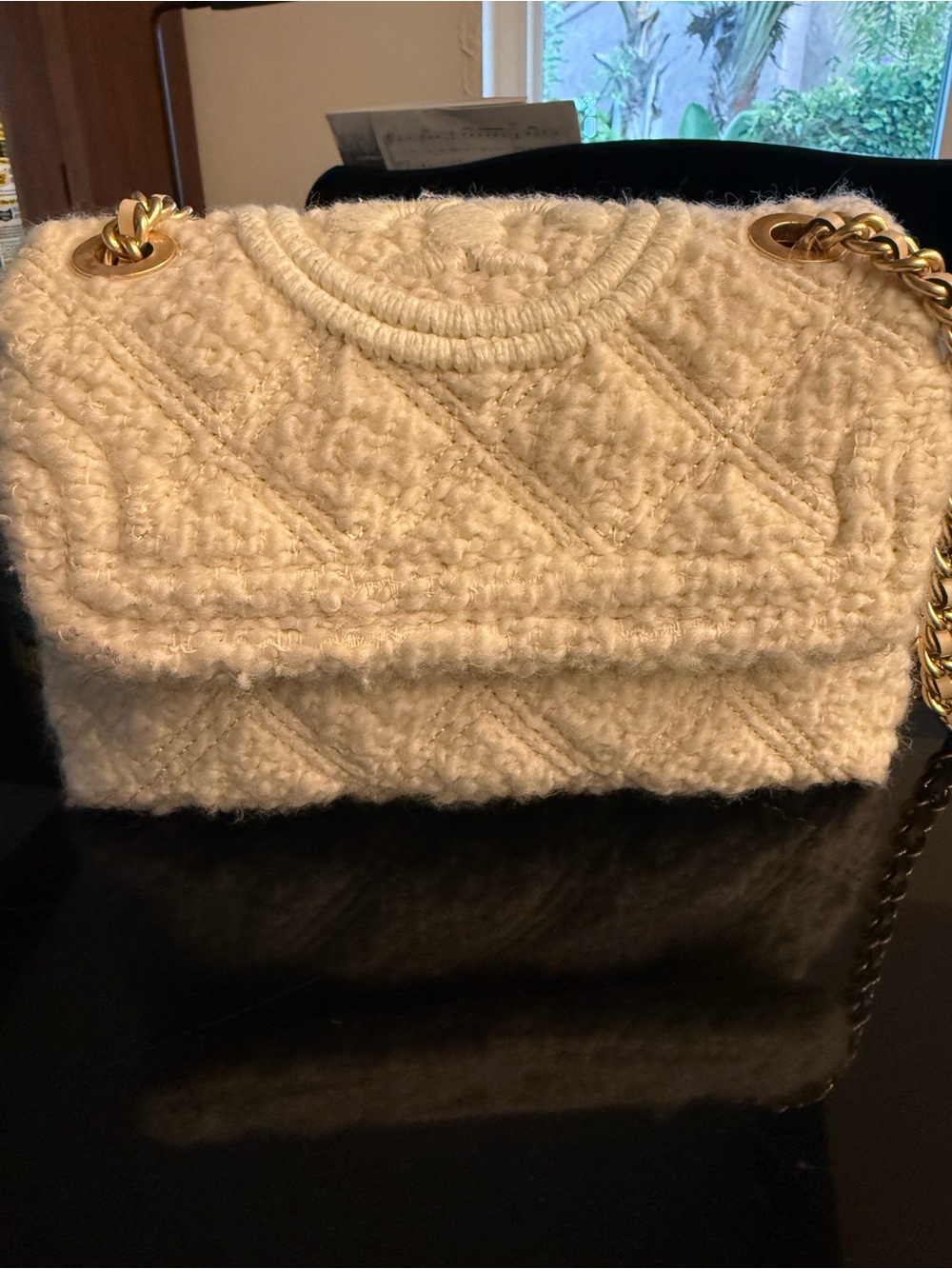 Tory Burch Cream Quilted Knit Shoulder Bag with Gold Chain